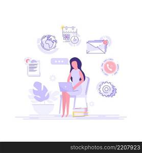 A woman businessman is sitting at a laptop with icons in the background. Multitasking and time management concept. Effective management. Vector illustration.