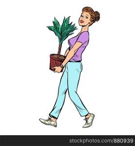 a woman carries a pot with a potted plant. Pop art retro vector illustration drawing. a woman carries a pot with a potted plant