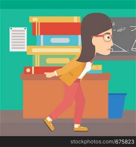 A woman carrying a pile of books on her back on the background of classroom vector flat design illustration. Square layout.. Woman with pile of books.