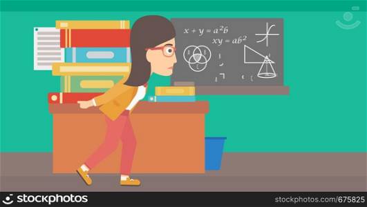 A woman carrying a pile of books on her back on the background of classroom vector flat design illustration. Horizontal layout.. Woman with pile of books.