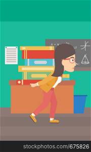 A woman carrying a pile of books on her back on the background of classroom vector flat design illustration. Vertical layout.. Woman with pile of books.