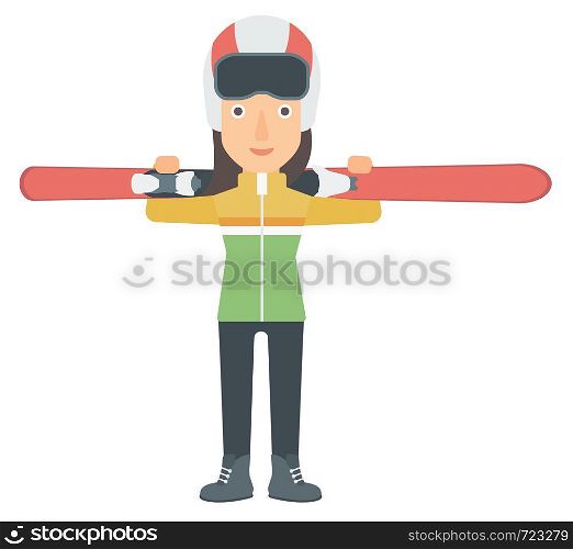 A woman carrying skis on her shoulders vector flat design illustration isolated on white background. . Woman holding skis.