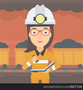 A woman checking a paper plan on the background of mining tunnel with cart full of coal vector flat design illustration. Square layout. . Miner checking documents.