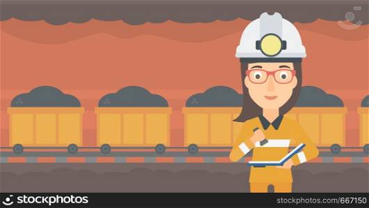 A woman checking a paper plan on the background of mining tunnel with cart full of coal vector flat design illustration. Horizontal layout. . Miner checking documents.