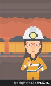 A woman checking a paper plan on the background of mining tunnel with cart full of coal vector flat design illustration. Vertical layout. . Miner checking documents.