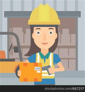 A woman checking barcode of a box with a scanner on the background of cardboard boxes in warehouse vector flat design illustration. Square layout.. Worker checking barcode on box.