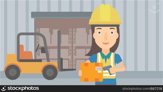 A woman checking barcode of a box with a scanner on the background of cardboard boxes in warehouse vector flat design illustration. Horizontal layout.. Worker checking barcode on box.