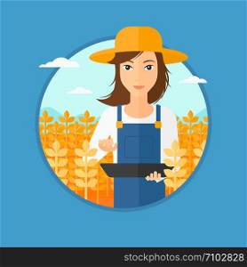 A woman checking plants on a field and working on a digital tablet. Vector flat design illustration in the circle isolated on light blue background.. Farmer with tablet computer on field.