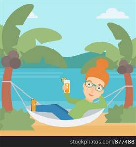 A woman chilling in hammock on the beach with a cocktail in a hand vector flat design illustration. Square layout.. Woman chilling in hammock.