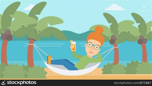 A woman chilling in hammock on the beach with a cocktail in a hand vector flat design illustration. Horizontal layout.. Woman chilling in hammock.