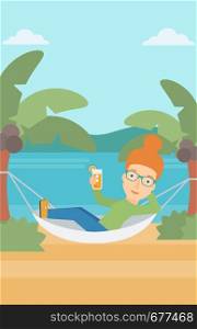 A woman chilling in hammock on the beach with a cocktail in a hand vector flat design illustration. Vertical layout.. Woman chilling in hammock.