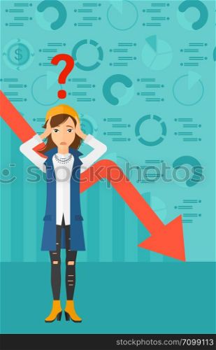 A woman clutching her head and a big question mark above on the background of business graph going down vector flat design illustration. Vertical layout.. Woman clutching her head.