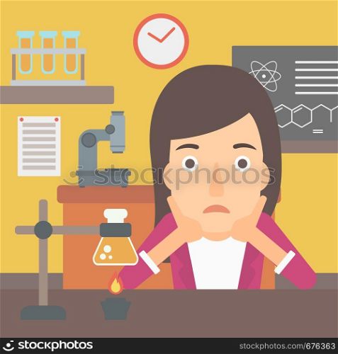 A woman clutching her head on the background of chemistry class vector flat design illustration. Square layout.. Woman in despair clutching her head.