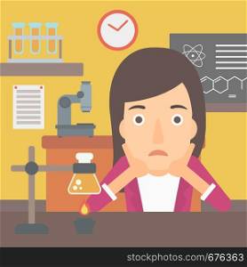 A woman clutching her head on the background of chemistry class vector flat design illustration. Square layout.. Woman in despair clutching her head.