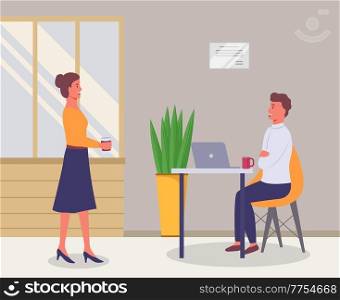 A woman comes to a colleague in the office during a break to talk, businessman dressed in formal clothes is sitting at the table with laptop. Office workers discussing matters. Friendly team work. A woman comes to a colleague in the office during a break to talk, businessman sitting at the table