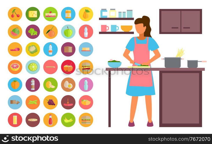 A woman cooks variety dishes in the kitchen. Practice cooking. Food and drink. Stay at home and be safe. Self isolation, quarantine due to coronavirus. Set of illustration of home activities. Woman cooking in the kitchen. Food and drinks icons. Stay at home. Coronavirus self-isolation