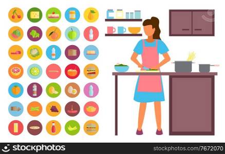 A woman cooks variety dishes in the kitchen. Practice cooking. Food and drink. Stay at home and be safe. Self isolation, quarantine due to coronavirus. Set of illustration of home activities. Woman cooking in the kitchen. Food and drinks icons. Stay at home. Coronavirus self-isolation