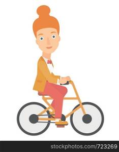 A woman cycling to work vector flat design illustration isolated on white background. . Woman cycling to work.