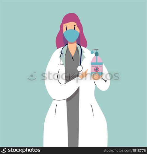 a woman doctor is recommended to use an alcohol gel.She is on isolate blue background.