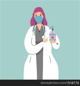 a woman doctor is recommended to use an alcohol gel.She is on isolate blue background.