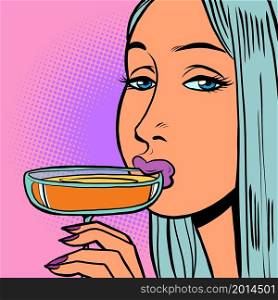 A woman drinks a cocktail from a glass. Alcoholic beverage. Nightlife. comic cartoon hand drawing retro illustration. A woman drinks a cocktail from a glass. Alcoholic beverage. Nightlife