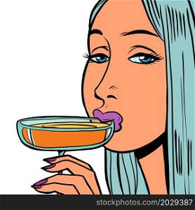 A woman drinks a cocktail from a glass. Alcoholic beverage. Nightlife. comic cartoon hand drawing retro illustration. A woman drinks a cocktail from a glass. Alcoholic beverage. Nightlife