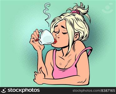 A woman drinks a cup of coffee in the morning. Cafeteria, restaurant hot drink. Comic cartoon style kitsch vintage hand drawn illustration. A woman drinks a cup of coffee in the morning. Cafeteria, restaurant hot drink