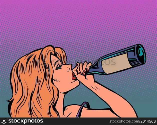 a woman drinks wine from the throat of a bottle, depression and loneliness. Comic cartoon hand drawing retro vintage. a woman drinks wine from the throat of a bottle, depression and loneliness