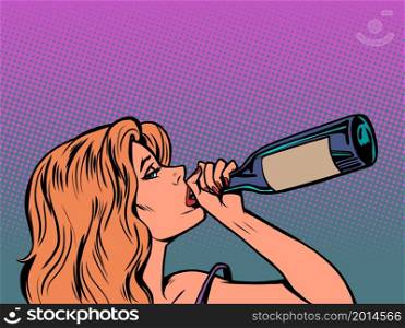 a woman drinks wine from the throat of a bottle, depression and loneliness. Comic cartoon hand drawing retro vintage. a woman drinks wine from the throat of a bottle, depression and loneliness