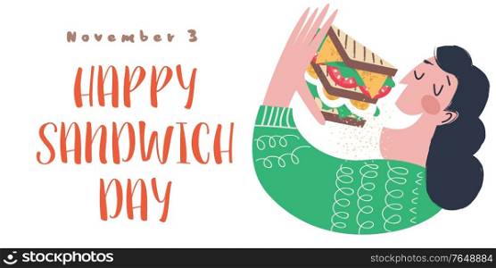 A woman eats a very large sandwich. Vector funny illustration in flat cartoon style. Isolated on a white background.. Happy sandwich day. Woman eat sandwiches. Vector illustration, greeting poster, greeting card.