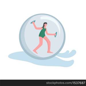 A woman engaged in zorbing. The concept of a zorbonaut in extreme amusement, descent from the mountain in an inflatable ball zorb, fashionable, active sports fun.. A woman engaged in zorbing. The concept of a zorbonaut