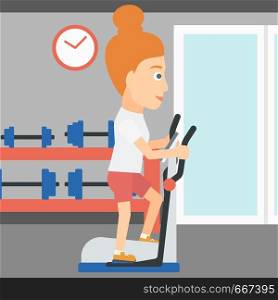 A woman exercising on a elliptical machine in the gym vector flat design illustration. Square layout.. Woman making exercises.