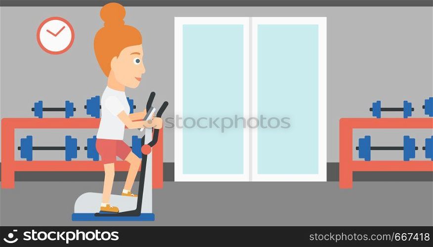 A woman exercising on a elliptical machine in the gym vector flat design illustration. Horizontal layout.. Woman making exercises.