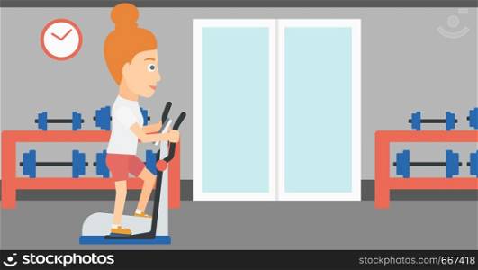 A woman exercising on a elliptical machine in the gym vector flat design illustration. Horizontal layout.. Woman making exercises.