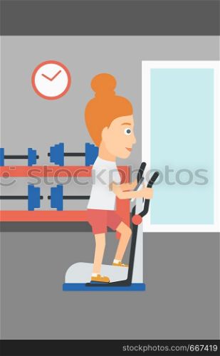 A woman exercising on a elliptical machine in the gym vector flat design illustration. Vertical layout.. Woman making exercises.