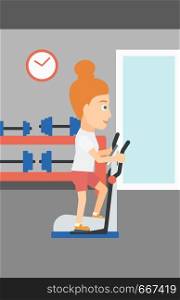 A woman exercising on a elliptical machine in the gym vector flat design illustration. Vertical layout.. Woman making exercises.