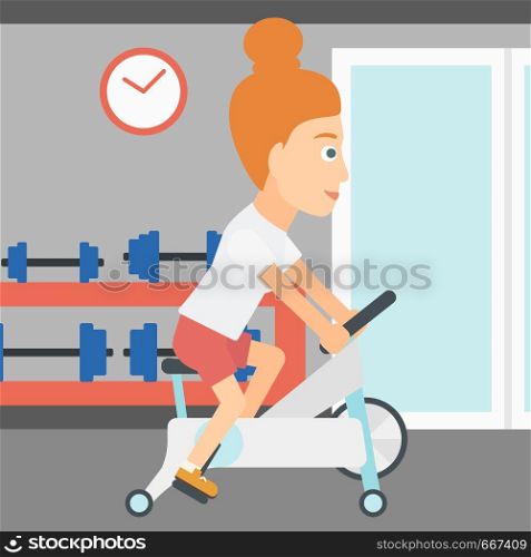 A woman exercising on stationary training bicycle in the gym vector flat design illustration. Square layout.. Woman doing cycling exercise.