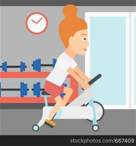 A woman exercising on stationary training bicycle in the gym vector flat design illustration. Square layout.. Woman doing cycling exercise.