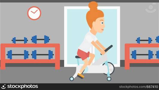 A woman exercising on stationary training bicycle in the gym vector flat design illustration. Horizontal layout.. Woman doing cycling exercise.