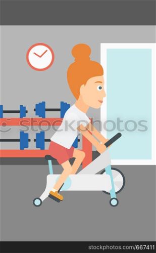 A woman exercising on stationary training bicycle in the gym vector flat design illustration. Vertical layout.. Woman doing cycling exercise.