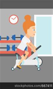 A woman exercising on stationary training bicycle in the gym vector flat design illustration. Vertical layout.. Woman doing cycling exercise.