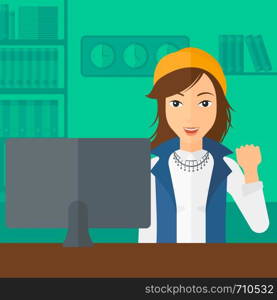 A woman expressing great satisfaction while looking at computer monitor on the background of business office vector flat design illustration. Square layout.. Cheerful successful woman.