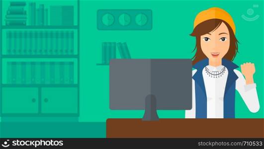 A woman expressing great satisfaction while looking at computer monitor on the background of business office vector flat design illustration. Horizontal layout.. Cheerful successful woman.