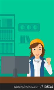 A woman expressing great satisfaction while looking at computer monitor on the background of business office vector flat design illustration. Vertical layout.. Cheerful successful woman.