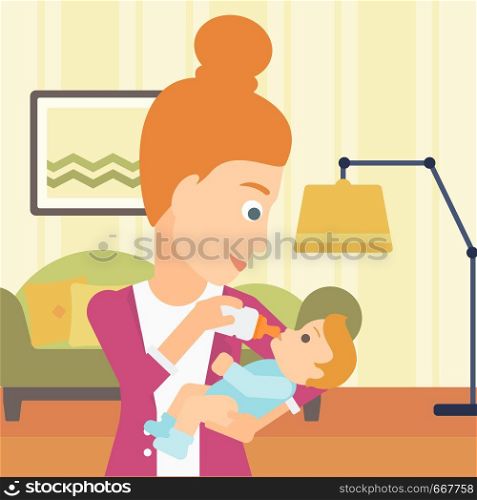 A woman feeding a little baby with a milk bottle on the background of living room vector flat design illustration. Square layout.. Woman feeding baby.