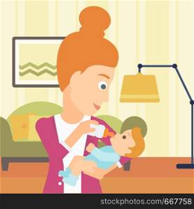 A woman feeding a little baby with a milk bottle on the background of living room vector flat design illustration. Square layout.. Woman feeding baby.