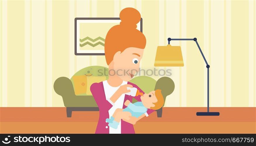 A woman feeding a little baby with a milk bottle on the background of living room vector flat design illustration. Horizontal layout.. Woman feeding baby.