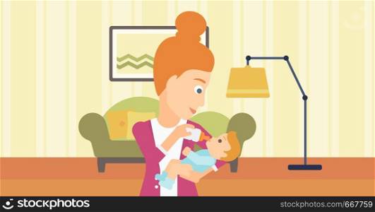 A woman feeding a little baby with a milk bottle on the background of living room vector flat design illustration. Horizontal layout.. Woman feeding baby.