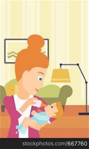 A woman feeding a little baby with a milk bottle on the background of living room vector flat design illustration. Vertical layout.. Woman feeding baby.