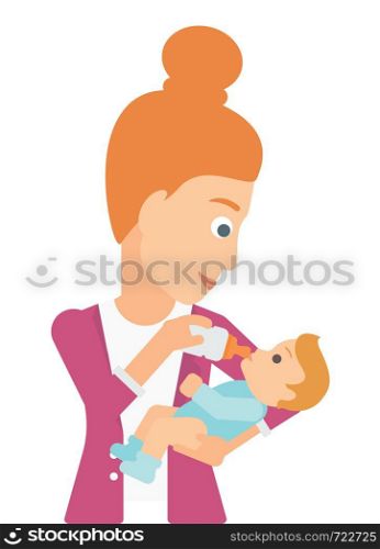 A woman feeding a little baby with a milk bottle vector flat design illustration isolated on white background. . Woman feeding baby.